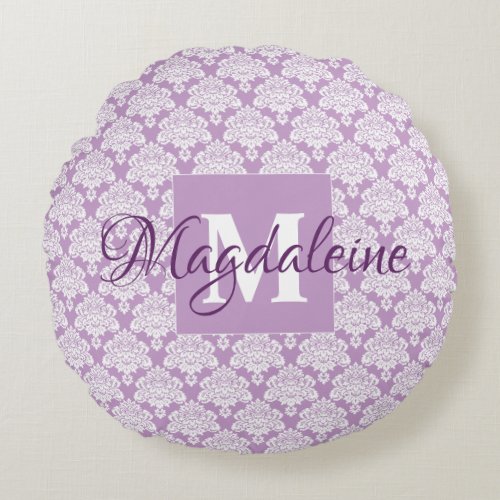 Lavender Purple Lacy Damask Chic Monogram  Name Round Pillow