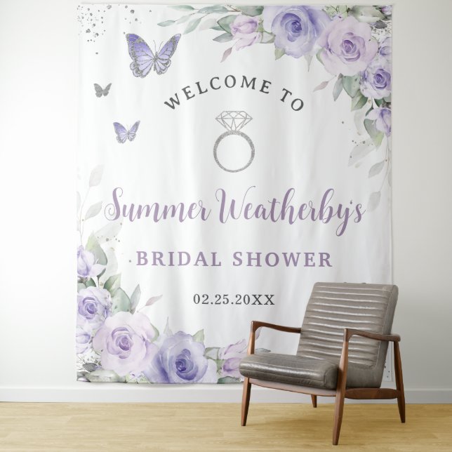 Lavender Purple Lilac Floral Bridal Shower Welcome Tapestry (In Situ)