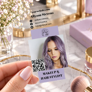 Lavender Purple Logo Photo QR Code Makeup Artist Clear Business Cards