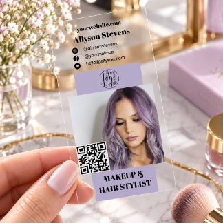 Lavender Purple Logo Photo QR Code Makeup Artist Clear Business Cards