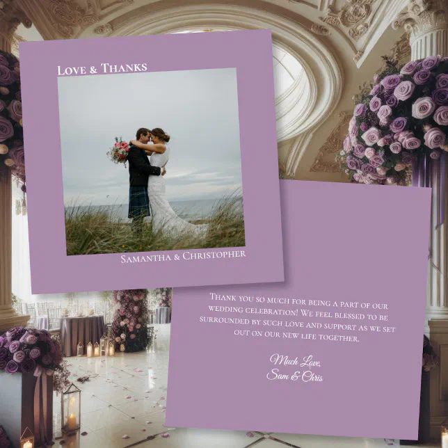 Lavender Purple Love Thanks Photo & Note Wedding Thank You Card | Zazzle
