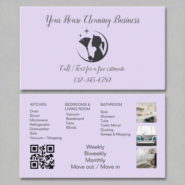 Lavender Purple Maid Cleaning House QR Code  Business Card (Creator Uploaded)