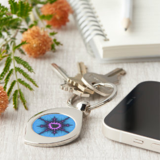 Lavender Purple Mandelbrot Cross on Blue Keychain