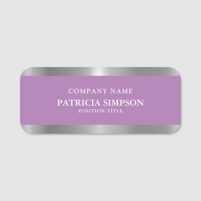 Lavender Purple Metallic Silver Modern Name Tag (Front)