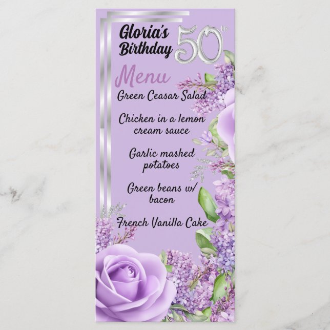 Lavender purple milestone 50th birthday menu (Front)