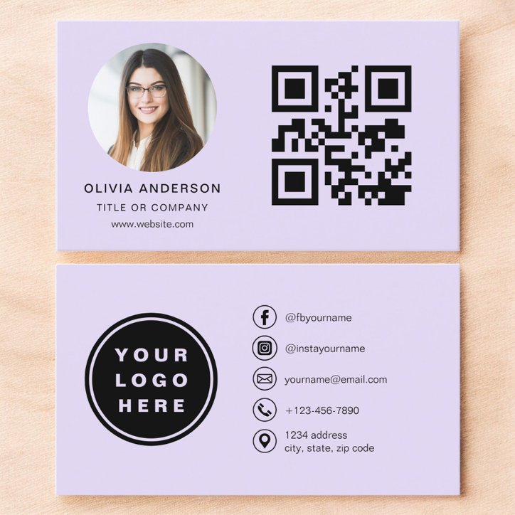 Lavender Purple Minimalist Photo With QR Code Business Card