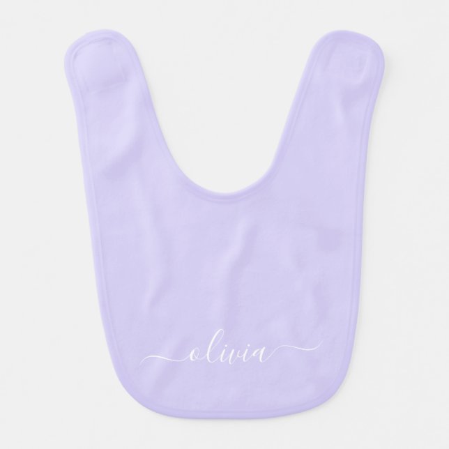 Lavender Purple Modern Script Girly Monogram Name Baby Bib (Front)