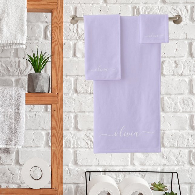 Lavender Purple Modern Script Girly Monogram Name Bath Towel Set (Creator Uploaded)