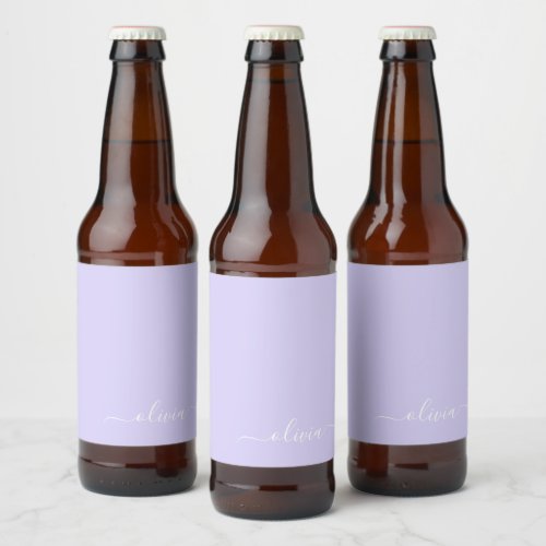 Lavender Purple Modern Script Girly Monogram Name Beer Bottle Label