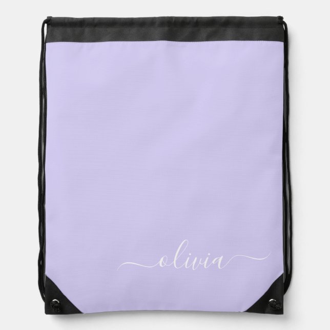 Lavender Purple Modern Script Girly Monogram Name Drawstring Bag (Front)