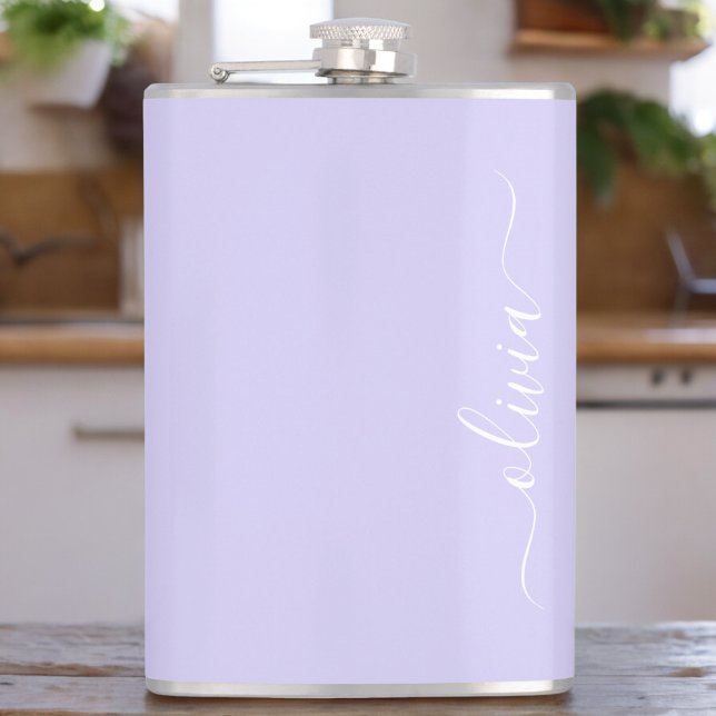Lavender Purple Modern Script Girly Monogram Name Flask (Creator Uploaded)