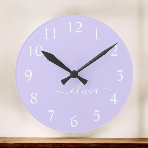 Lavender Purple Modern Script Girly Monogram Name Round Clock