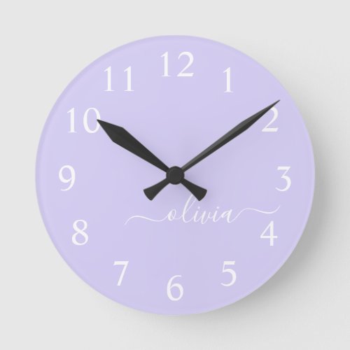 Lavender Purple Modern Script Girly Monogram Name Round Clock