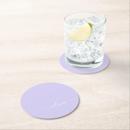 Lavender Purple Modern Script Girly Monogram Name Round Paper Coaster