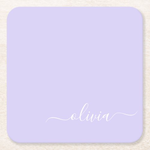 Lavender Purple Modern Script Girly Monogram Name Square Paper Coaster