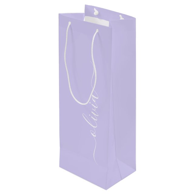 Lavender Purple Modern Script Girly Monogram Name Wine Gift Bag (Back Angled)
