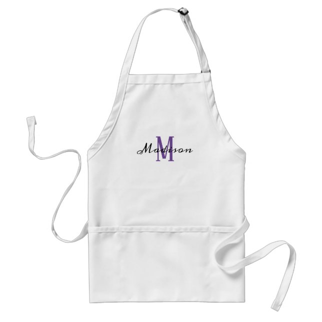 Lavender Purple Modern Script Initial Name Kitchen Adult Apron (Front)
