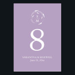 Lavender Purple Monogram Wedding Table Number Card<br><div class="desc">Elevate your reception with these elegant wedding table cards featuring a monogram initials crest surrounded by delicate lavender line art. The minimalist design showcases the couple’s initials, names, and wedding date in white over a soft purple background—perfect for adding classy and simple seating details to your event. Use the template...</div>