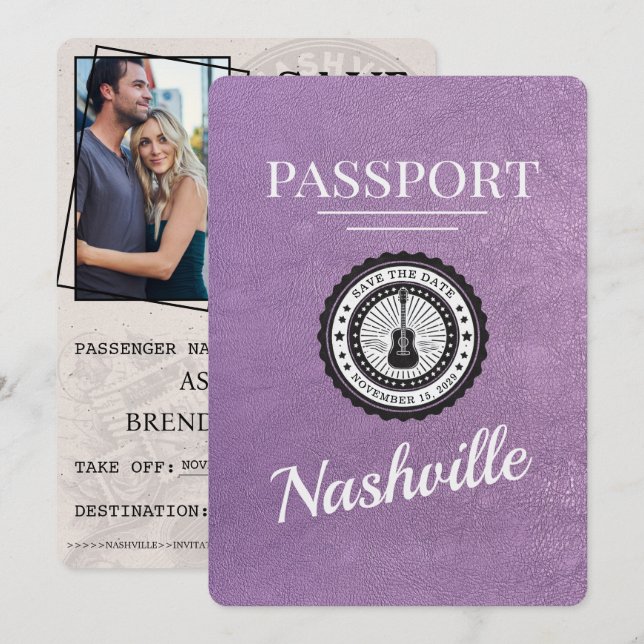 Lavender Purple Nashville Passport Save The Date (Front/Back)