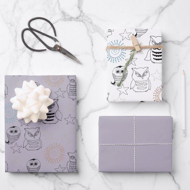 Lavender Purple Night Owls Wrapping Paper Sheets (Front)