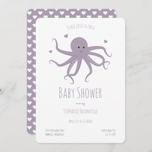 Lavender Purple Octopus Hearts Cartoon Baby Shower Invitation
