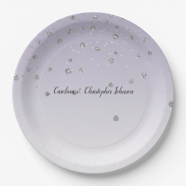 Lavender Purple Ombre Silver Confetti Sparkle Paper Plates (Front)