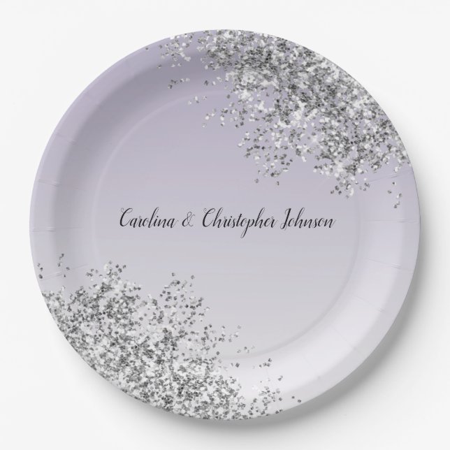 Lavender Purple Ombre Silver Glitter Sparkle Paper Plates (Front)