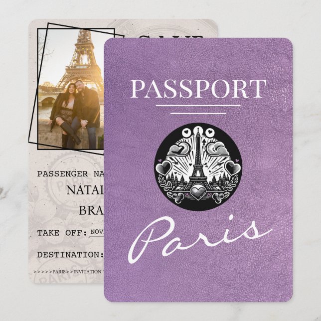 Lavender Purple Paris Passport Save The Date (Front/Back)