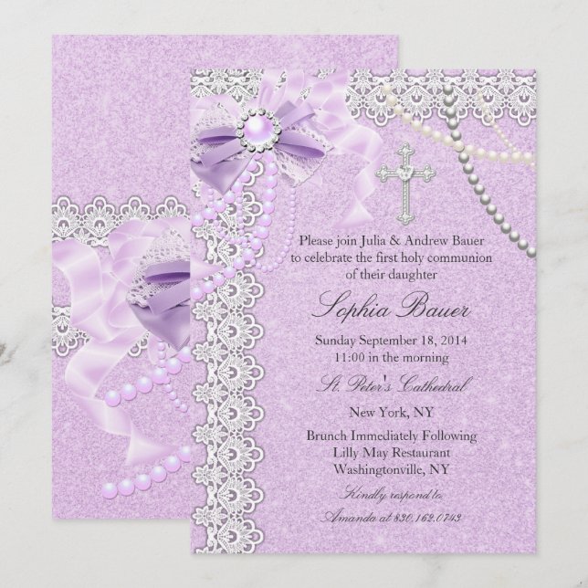 Lavender purple Pearl Bow Cross Holy Communion Invitation (Front/Back)
