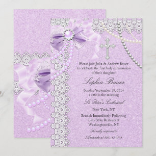 Lavender purple Pearl Bow Cross Holy Communion Invitation