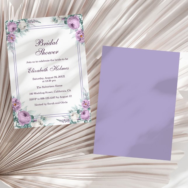 Lavender Purple Peonies Bridal Shower Invitation (Lavender Purple Peonies Bridal Shower Invitation on a sunny white dry palm leaf.)