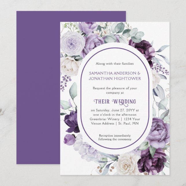 Lavender Purple Peonies Oval Border Wedding | Invitation (Front/Back)