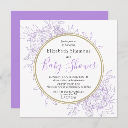 Lavender Purple Peony Floral Toile Baby Shower Invitation