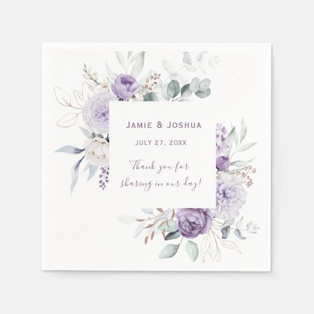 Lavender Purple Peony White Rose Wedding Napkin (Front)