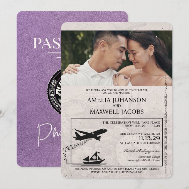 Lavender Purple Philippines Passport Wedding Invitation (Front/Back)