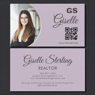 Lavender Purple Photo Monogram Realtor QR Code  Business Card