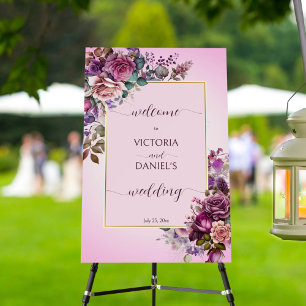 Lavender purple pink roses wedding welcome sign