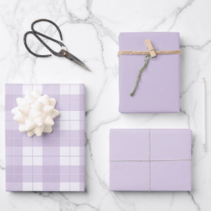 Lavender Purple Plaid Pattern and Matching Solids Wrapping Paper Sheets