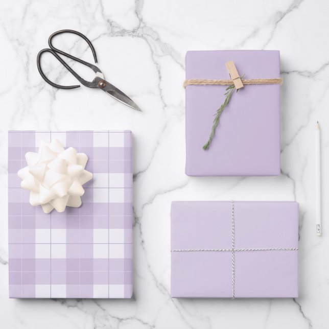 Lavender Purple Plaid Pattern and Matching Solids Wrapping Paper Sheets (Front)