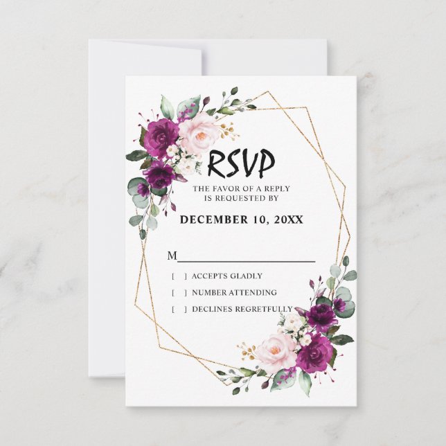 Lavender Purple Plum Blush Pink Floral Geometric RSVP Card (Front)