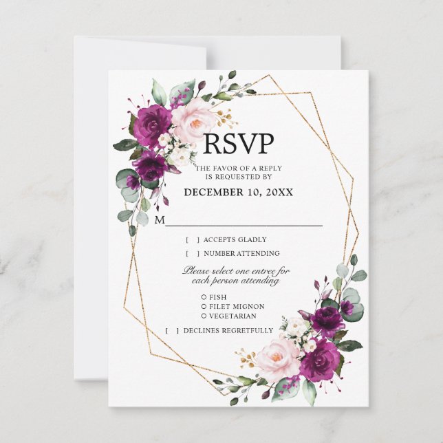 Lavender Purple Plum Blush Pink Floral Geometric RSVP Card (Front)