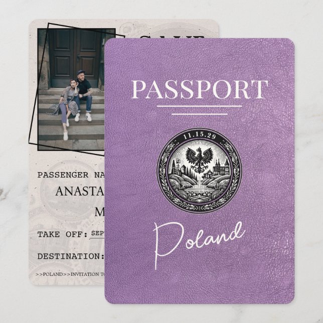Lavender Purple Poland Passport Save The Date (Front/Back)