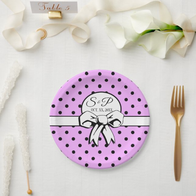 Lavender Purple Polka Dots and Bows Personalized Paper Plates (Wedding)