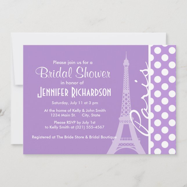 Lavender Purple Polka Dots; Paris Invitation (Front)
