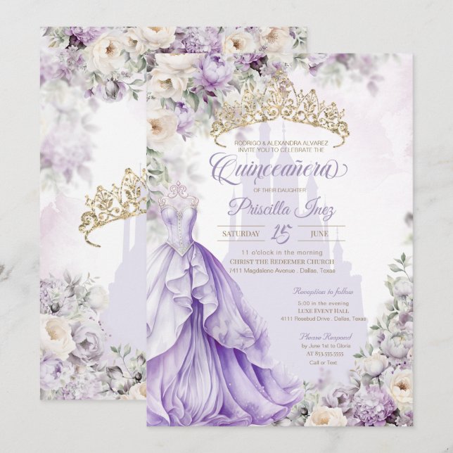 Lavender Purple Princess Fairytale Quinceañera Invitation (Front/Back)