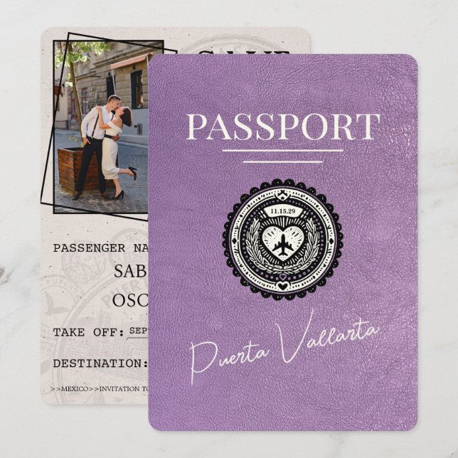 Lavender Purple Puerta Vallarta Passport Save The Date (Front/Back)