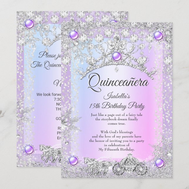 Lavender purple Quinceanera 15th Winter Carriage  Invitation (Front/Back)