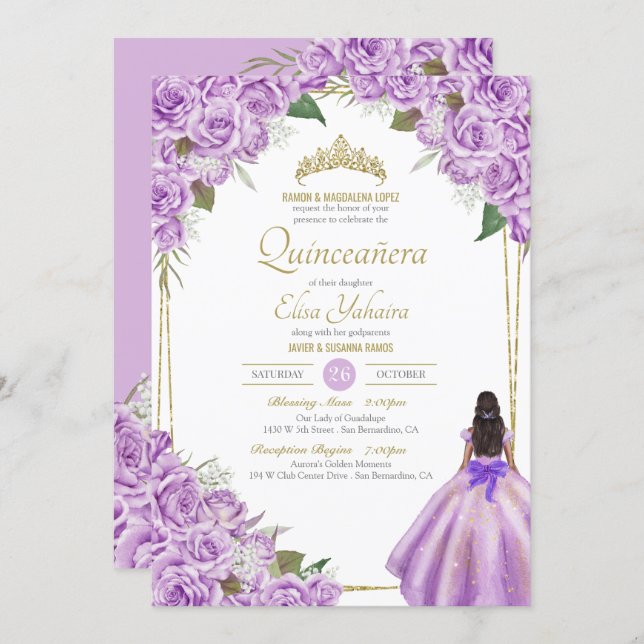 Lavender Purple Quinceanera Elegant Rose Floral  Invitation (Front/Back)