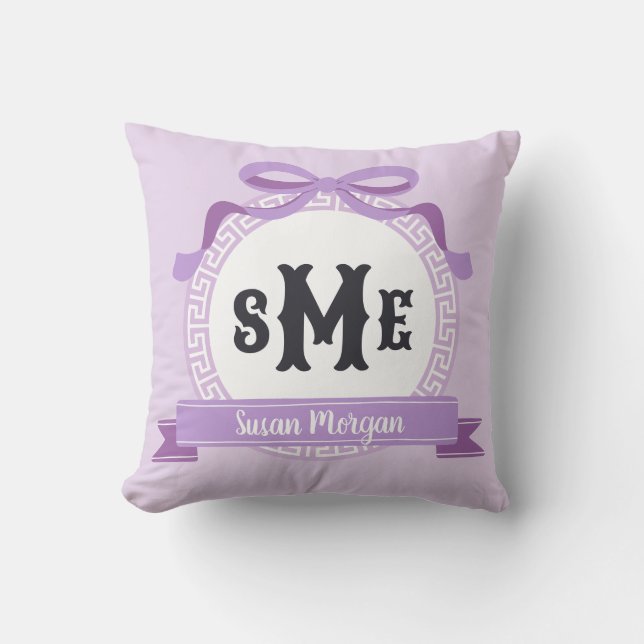 Lavender Purple Reverse Greek Key Bow Monogram Throw Pillow (Front)