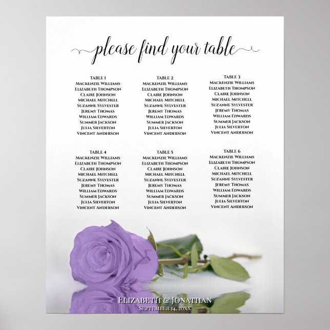 Lavender Purple Rose 6 Table Wedding Seating Chart (Front)
